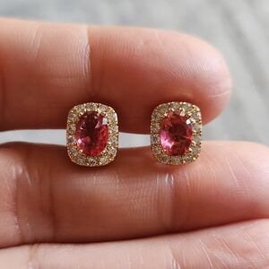 New 18K Gold Plated Oval Cut Ruby Diamond Stud Earrings for Women
